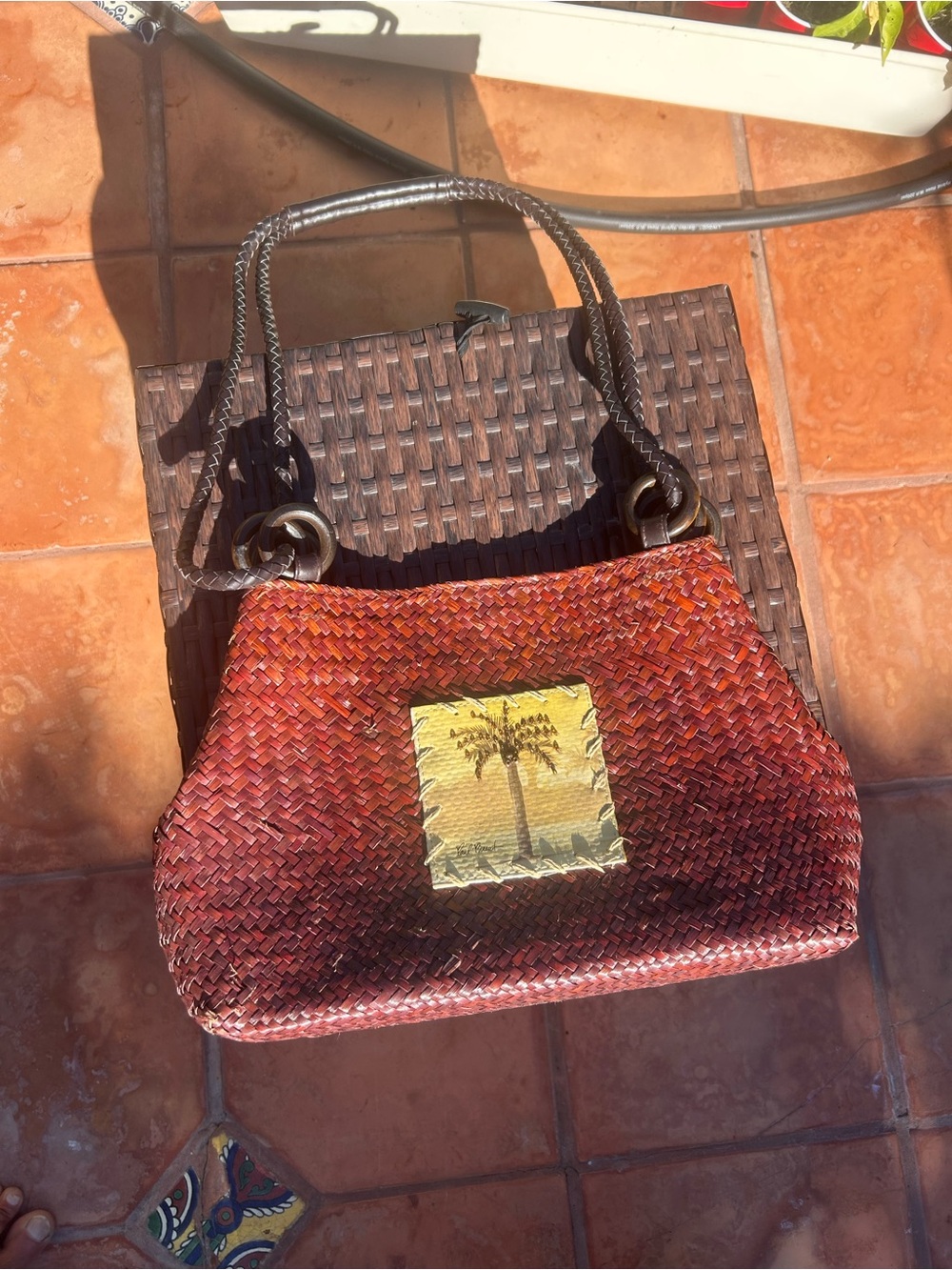 Woven Red-Brown Palm Accent Shoulder Bag